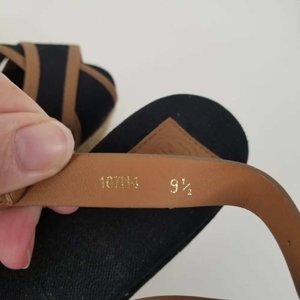 Tory Burch Majorca Peep Toe Sling Back Espadrille Wedges Size 9.5 Black/Tan